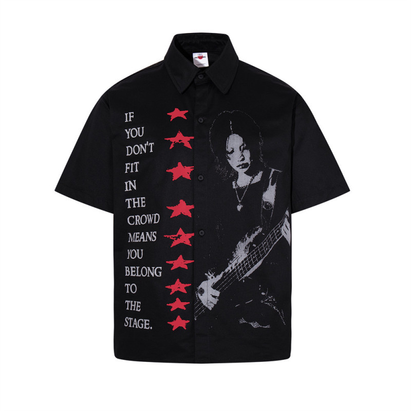 Hip-Hop Summer Shirt Men's Printed Short-Sleeved Rock Fashion Casual Loose Shirt with Guitar, Stars, and Rap Figures Hip-Hop Summer Shirt Men's Printed Short-Sleeved Rock Fashion Casual Loose Shirt with Guitar, Stars, and Rap Figures