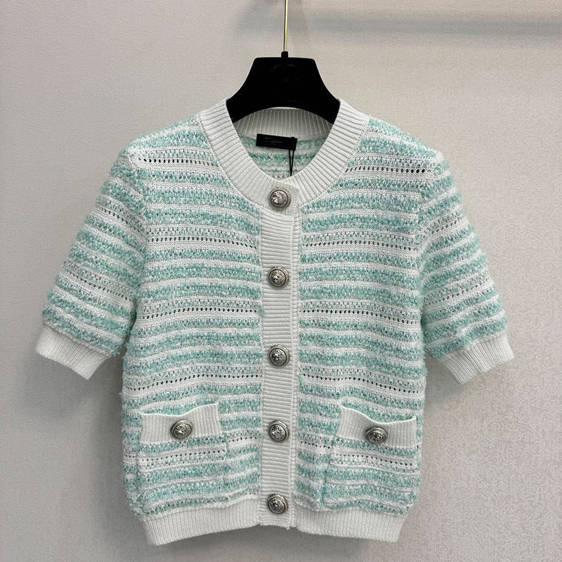 Balmain Mint Green Short-Sleeved Knitted Cardigan for Women, Wool Blend Striped Metal Button Top, Gentle Style Jacket