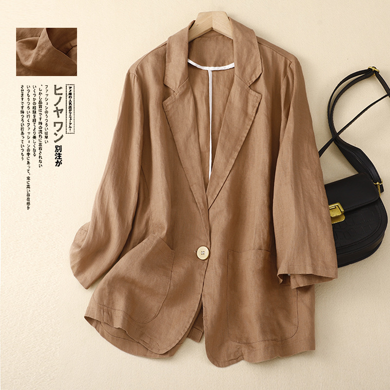 2026 Spring and Autumn New Style Artistic Retro Cotton and Linen Casual Three-Quarter Sleeve Short Jacket Solid Color Blazer Top for Women