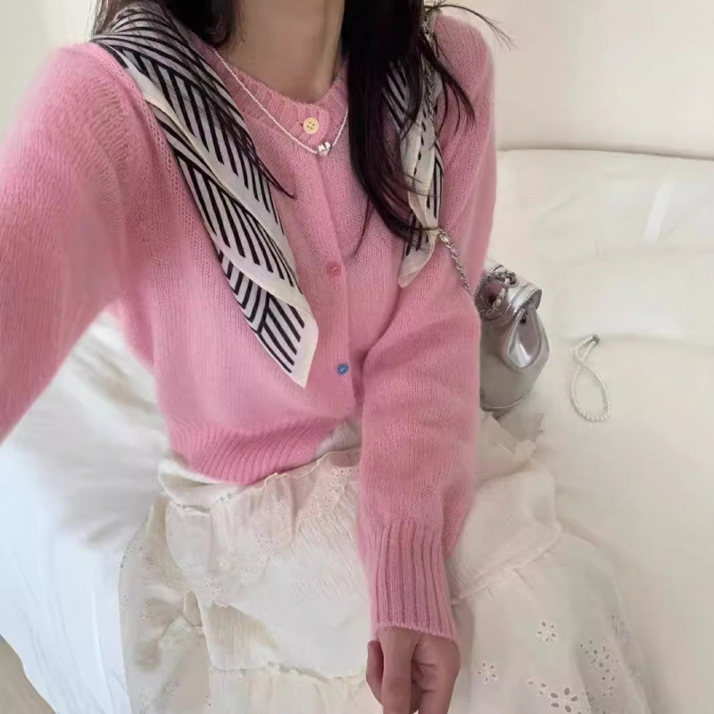 Soft Waxy Pure Wool Gentle Loose Lazy Pink Cardigan Sweater Women's Coat Autumn and Winter Thickened Sweater Top