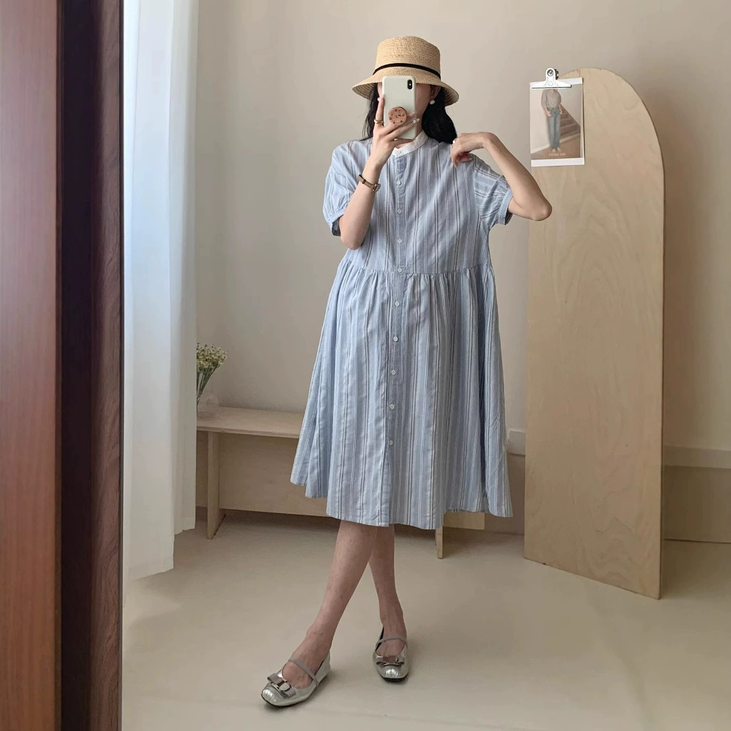 Новое летнее платье для беременных в японском стиле, художественное платье для беременных с короткими рукавами, корейская версия, полосатое платье-рубашка средней длины для беременных