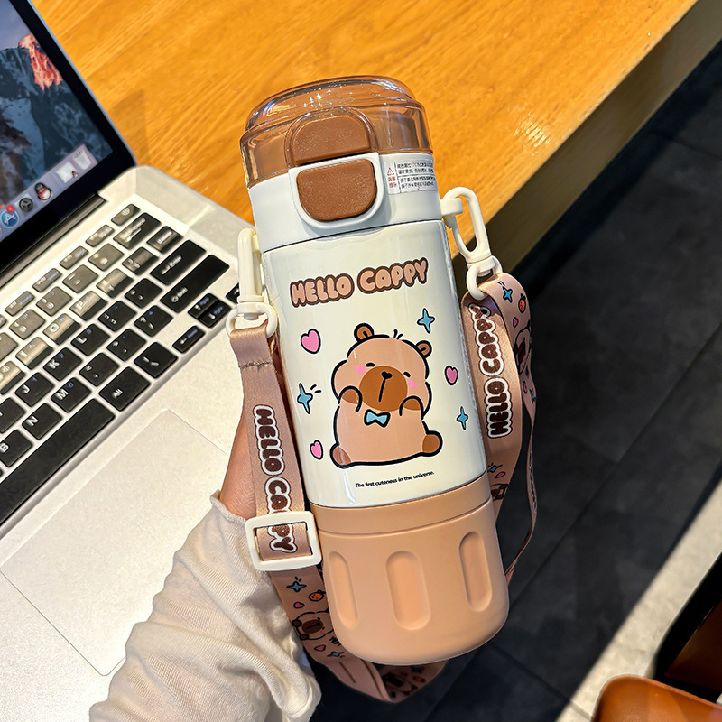 かわいい Kapibara 子供用ポットとカップセット学生魔法瓶カップ調節可能なカップロープポータブルシリコンノズル飲料カップ|undefined