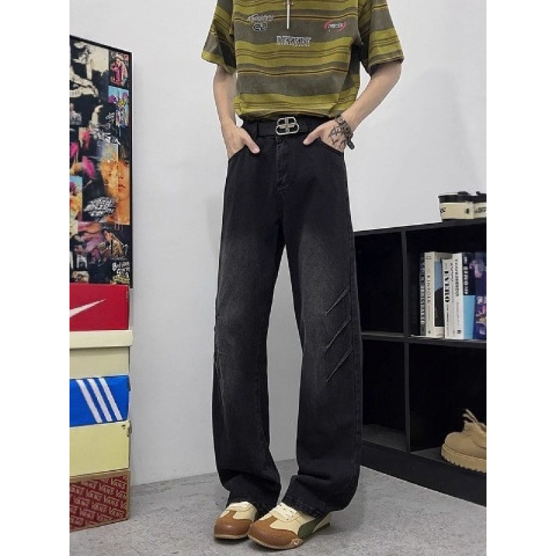 Factory wholesale black men's jeans, autumn European and American style high street pants, flattering and slimming, straight leg, curved flare pants.