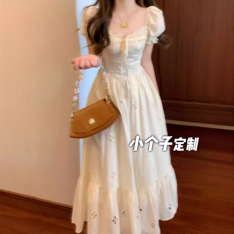 150 Shorty French Style Hollow Puff Sleeve Square Collar dress Women's Summer Gentle Waist A- Line Midi Dress 150 Shorty French Style Hollow Puff Sleeve Square Collar dress Women's Summer Gentle Waist A- Line Midi Dress