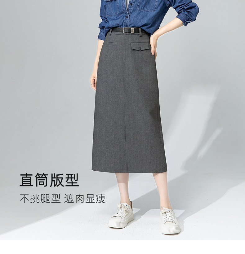 Váy midi len Tencel xám đậm xẻ tà ống suông đa năng — màu xám chi tiết 16