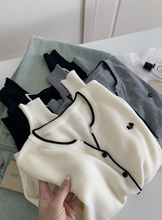 法式复古拼色边圆领羊毛针织开衫女减龄韩版小狗贴布薄毛衣外套秋