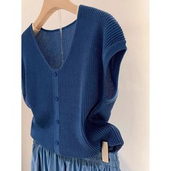韓国系の青い亜麻の氷糸vネックの小さい飛袖のノースリーブの上着の女性の夏の薄いタイプのデザイン感の小さい大衆のニットのtシャツ