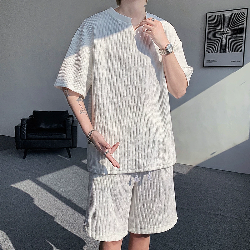 Летний быстросохнущий мужской костюм из ледяного шелка с короткими рукавами, популярный трансграничный спортивный и повседневный костюм с двумя открытыми рукавами в прямом эфире.