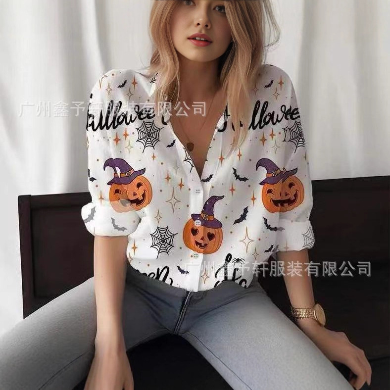 2025 European and American Cross-Border Halloween Foreign Trade Women's Printed Shirts Fashionable Long-Sleeved Lapel Women's Casual Shirts