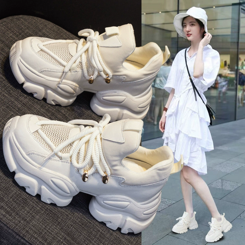 Кроссовки из натуральной кожи с сеткой, весна-лето 2024, на толстой подошве 8 см, универсальные, в стиле преппи, спортивные, женские, модные