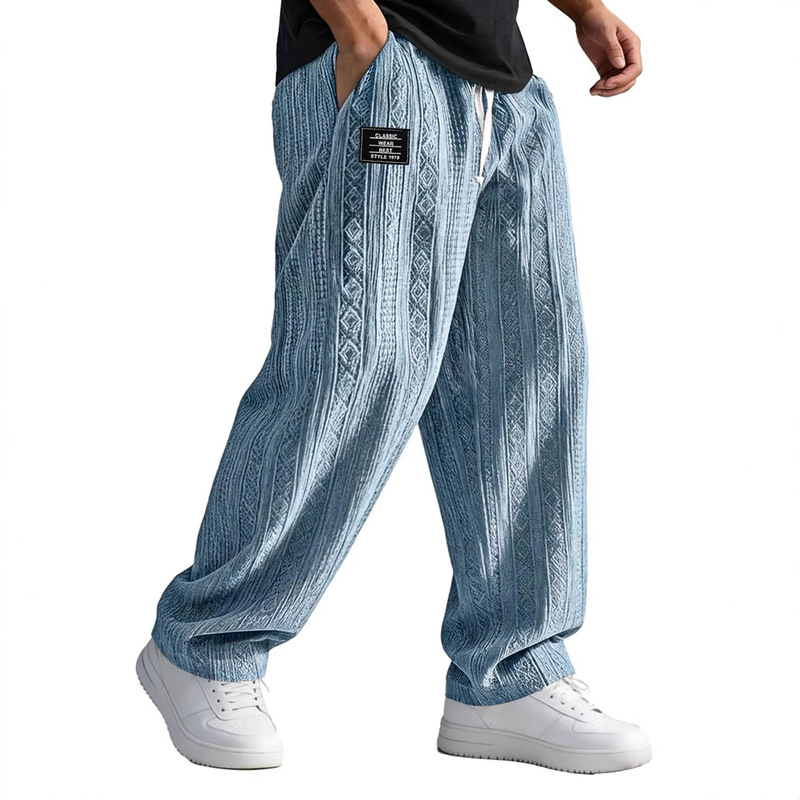 2026 Cross-Border European and American Style Pocket Spring/Summer Straight Loose Drawstring Sports Casual Pants Knitted Jacquard Long Pants for Men Versatile