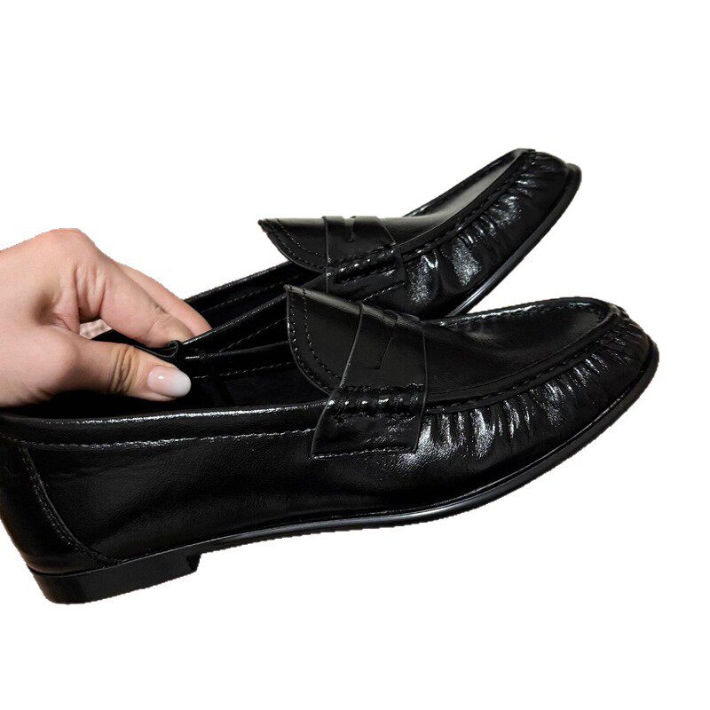 Giày lười nữ da mũi tròn nhún bèo phong cách retro, gót thấp 1–3 cm, dễ phối đồ — Màu nâu đậm, màu đen