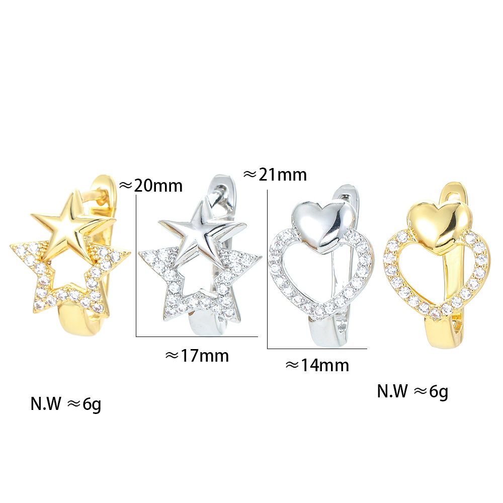 Commerce Extérieur Strass Zircon Simple Géométrique Étoiles Amour Oreille Clip Étoile À Cinq Branches Coeur Creux-à-coeur Imprimé Boucles D'oreilles Ornement display picture 2