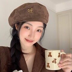 韩版秋冬新款甜美贝雷帽子女款百搭蝴蝶结画家帽复古显脸小南瓜帽