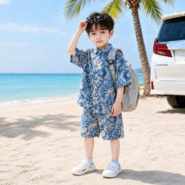 男童酷帅度假风夏装衬衫套装2026新款儿童薄款洋气短袖短裤两件套