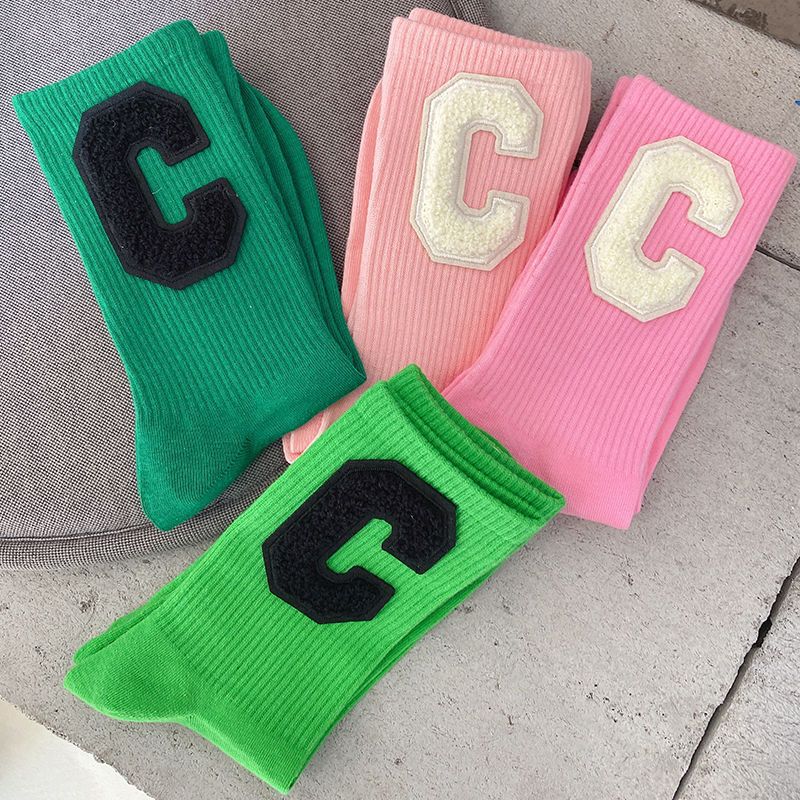Klein blue letter embroidery pure cotton socks female shark leather pants outer wear socks Green simple internet celebrity pile socks