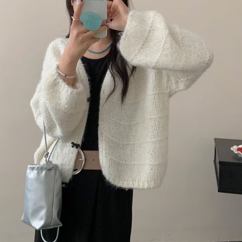 慵懒风V领针织开衫外套女2025秋季新款韩系休闲宽松时尚软糯毛衣|undefined