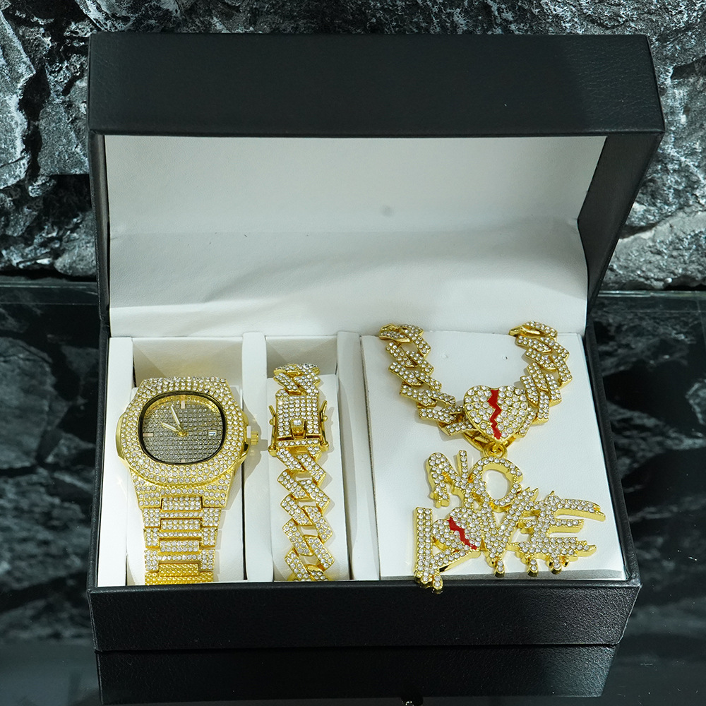 Conjunto de Reloj y Collar con Colgante NO LOVE, Estilo Cubano, para Hombre, en Caja de Regalo de Lujo
