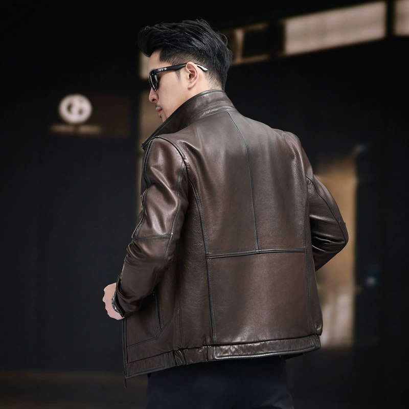 Two-color short thin jacket for leisure, genuine leather
