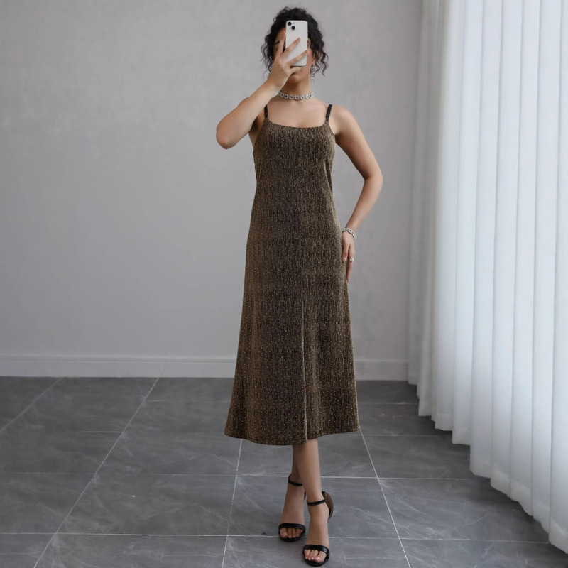Cross-Border Foreign Trade Women's Clothing Wholesale Southeast Asian Nightclub Sexy Gold Silk Elastic Slim Fit Mid-Length Dress