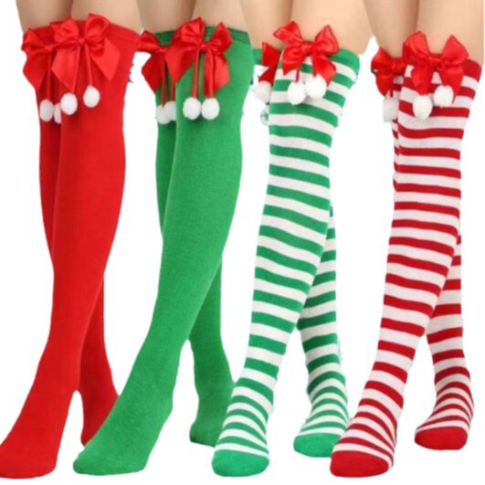 New Cross-border Bow Christmas Socks Ball Socks Over-the-Knee Socks Women's Long Barrel European and American Holiday Christmas Striped Stockings