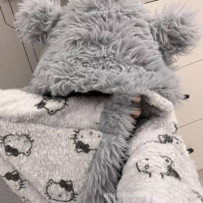 凯蒂猫睡袍女秋冬斗篷加厚季加绒睡衣居家服套装珊瑚绒睡衣可外穿|undefined