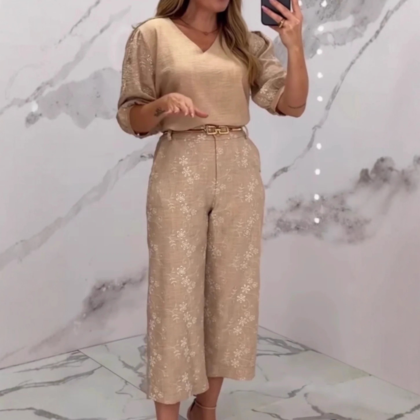 2025 European and American Clothing Amazon Aliexpress V Neck Top with Mid-Sleeves and Pants Two-Piece Suit