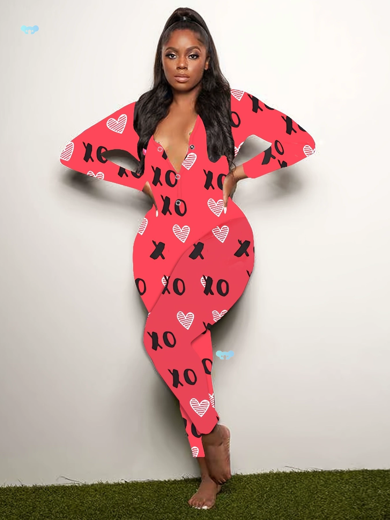 Женский повседневный комбинезон с длинным рукавом и V-образным вырезом, красное, черное сердце