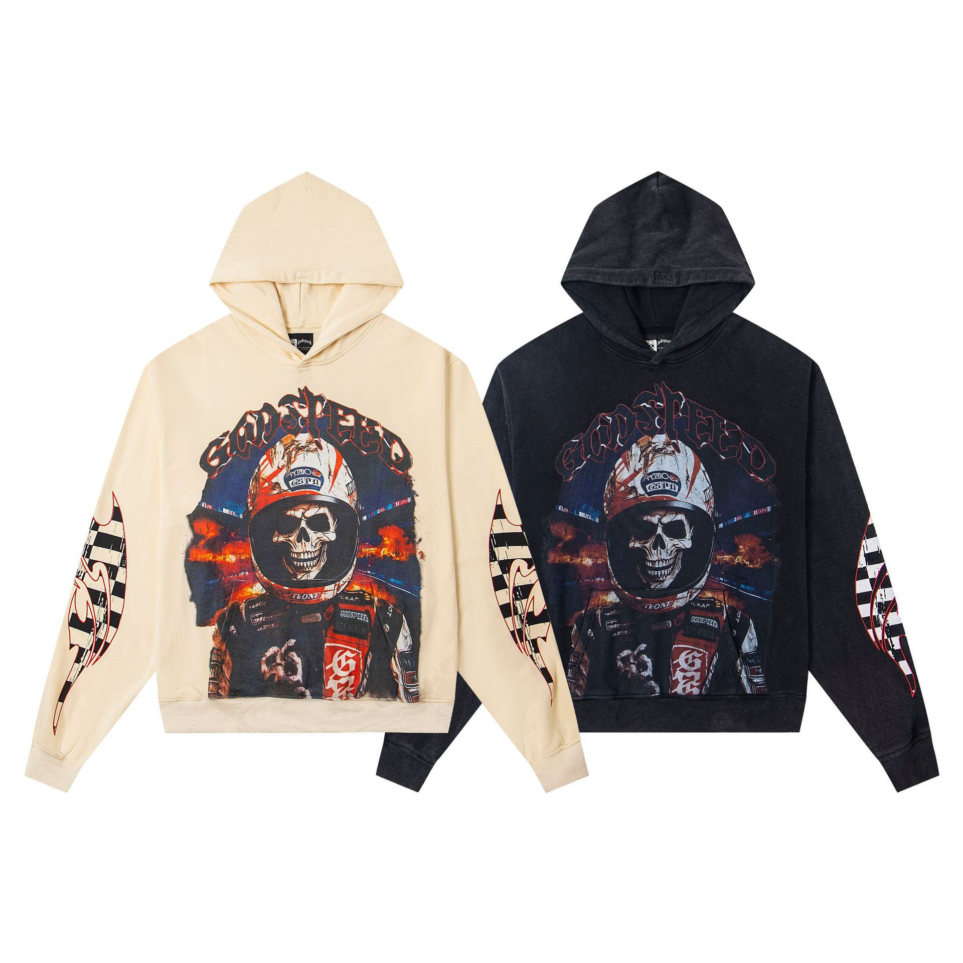 Sudadera con Capucha God, de Algodón Lavado con Efecto Desgastado y Estampado de Calavera, para Hombres y Mujeres