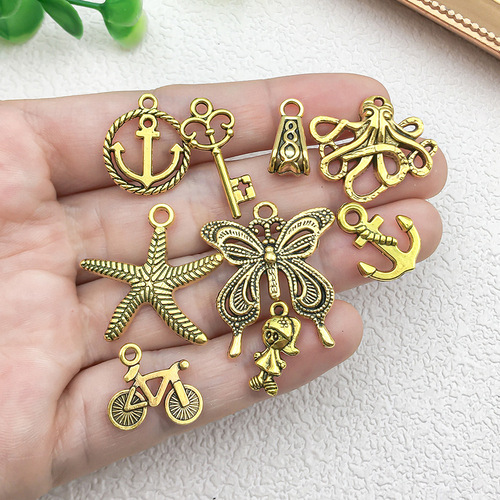 Alloy jewelry accessories, bracelet components, starfish, butterfly, cross, key-shaped, electroplated DIY pendants and charms