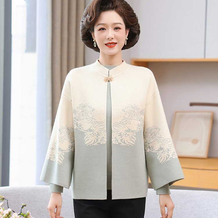 妈妈秋装新款针织开衫两件套装中老年女春秋冬季时尚国风毛衣外套|undefined