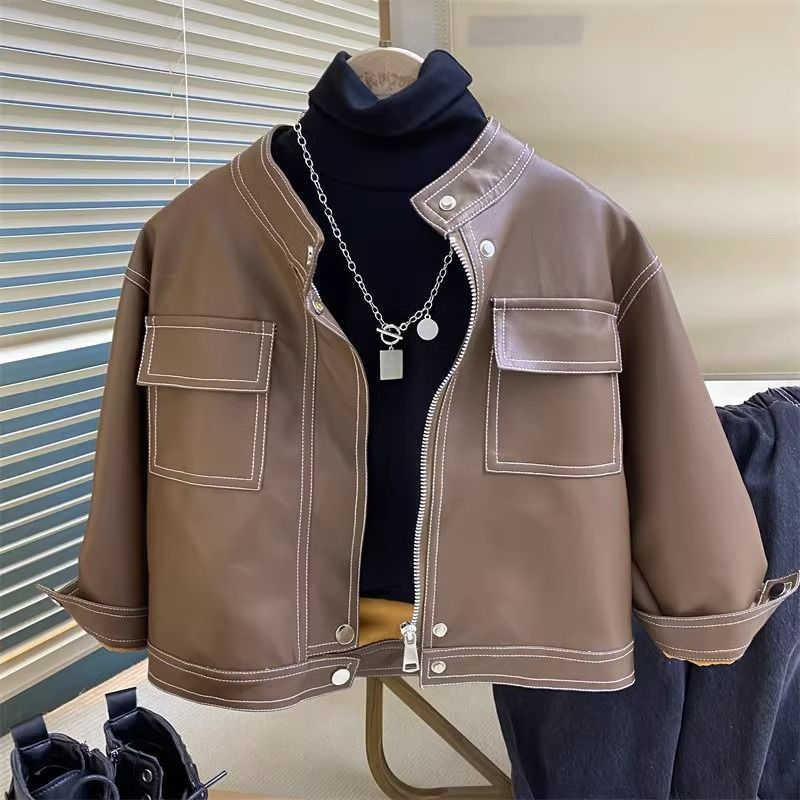 时尚潮流男童春秋外套韩版儿童皮衣夹棉外套帅气小童夹克上衣潮装