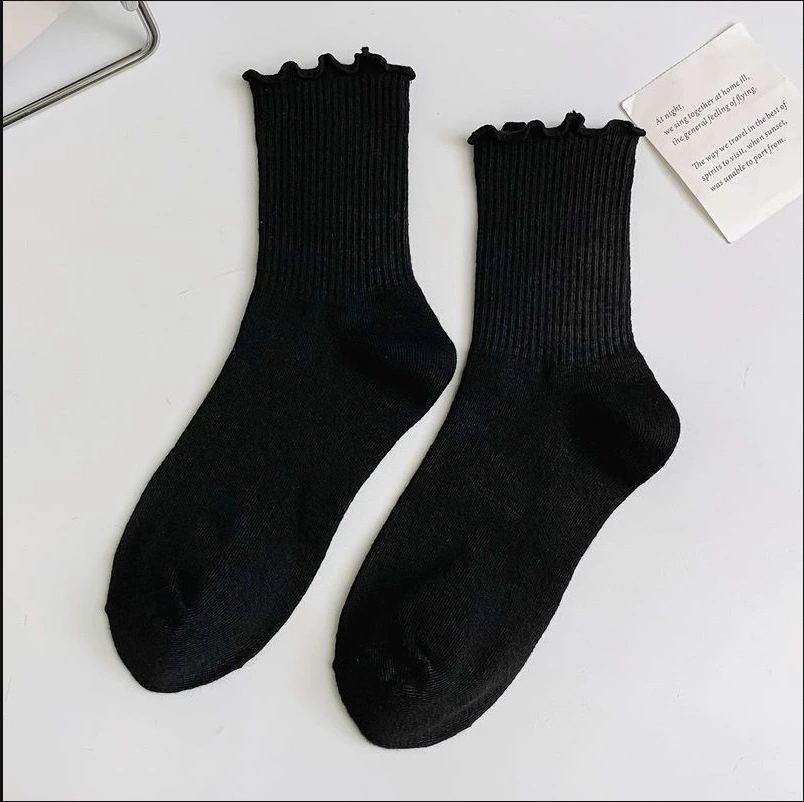 Middle‑Tube JK Socks, cotton ruffle cuff, spring–summer–autumn, sizes 35–42 (black/white/beige)