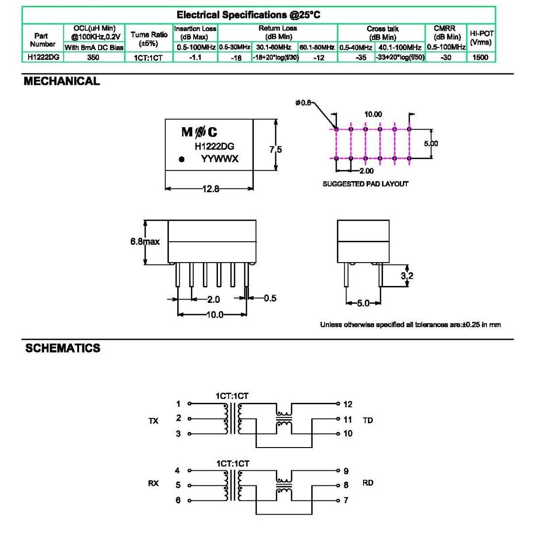 H1222DG 以太网络变压器LAN Transformers 10-100-Base-T