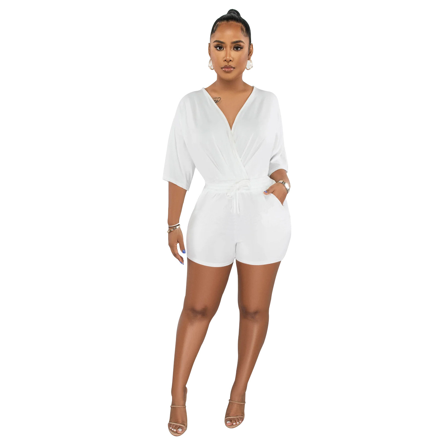Oferta especial C6308, sin devoluciones ni cambios, compre con precaución. Ropa de mujer de moda europea y americana, mono corto con cuello en V y cordones, manga media.