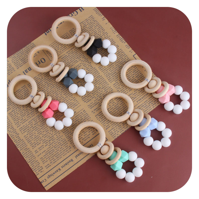 Nuevo bebé suministros DIY creativo anillo de madera teether bebé calmante silicona juguete dientes de molienda palo teether