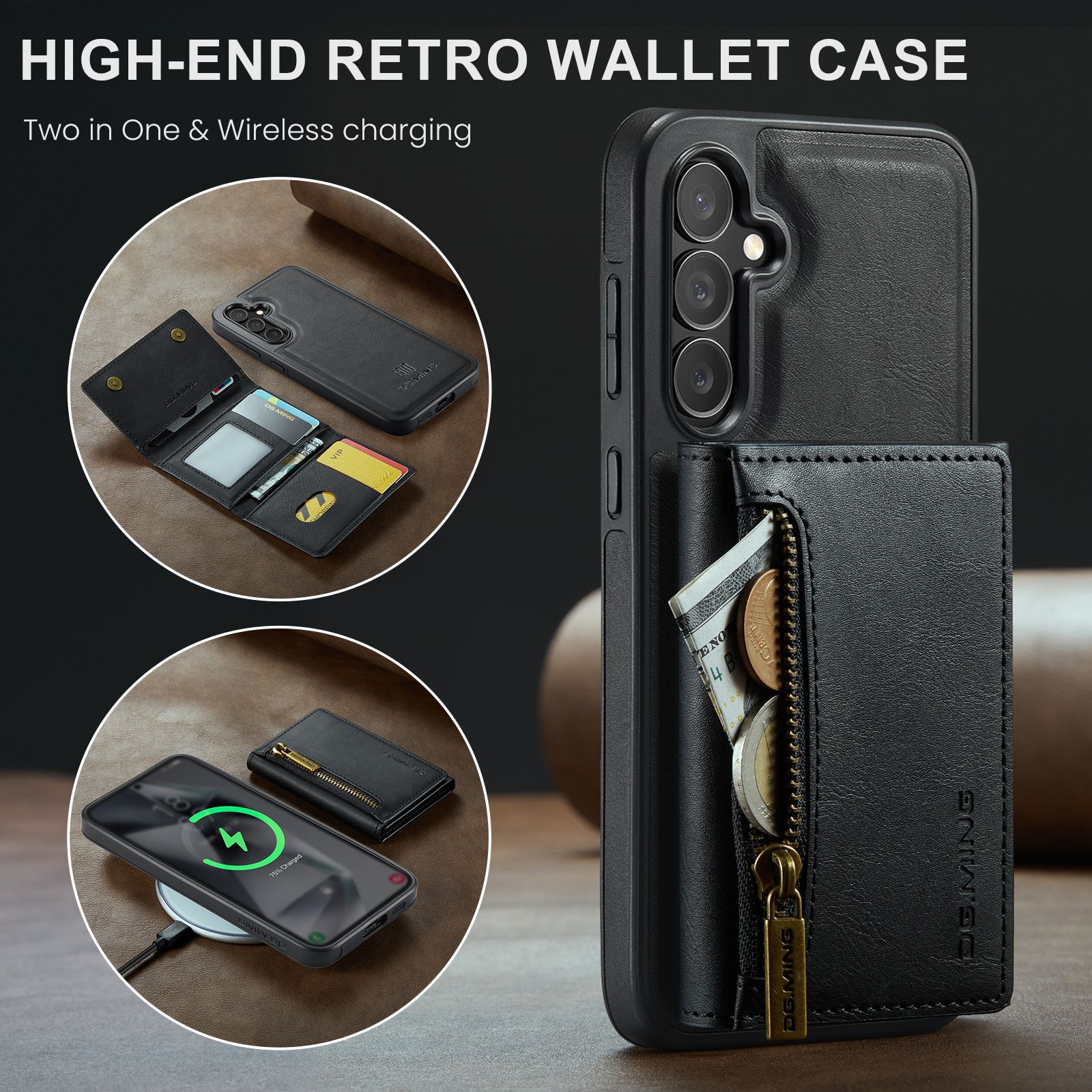 M5 für Samsung S24 magnetische kabellose Ladetelefonhülle S24 Plus Zwei-in-Eins-Anti-Diebstahl-Bürsten-Brieftaschen-Schutzhülle_voghion.com