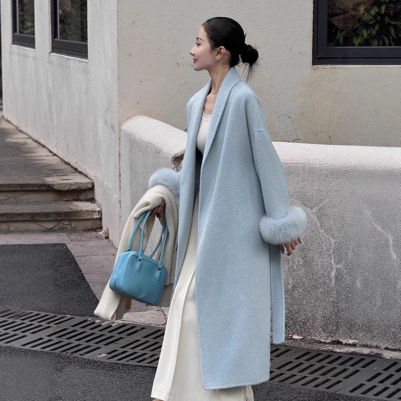 Real Fox Fur Sleeves Oversized Bathrobe Style Double-Sided Wool Coat Long Lady Style Thickeneded Sheep Wool Coat Real Fox Fur Sleeves Oversized Bathrobe Style Double-Sided Wool Coat Long Lady Style Thickeneded Sheep Wool Coat