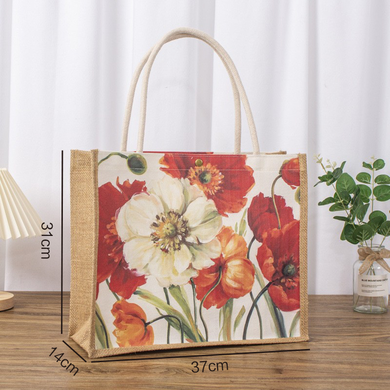 Bolsas de lino en blanco personalizadas empresas publicidad impresión en color patrón bolsas de regalo empalmado lienzo bolsa de lino portátil personalizada