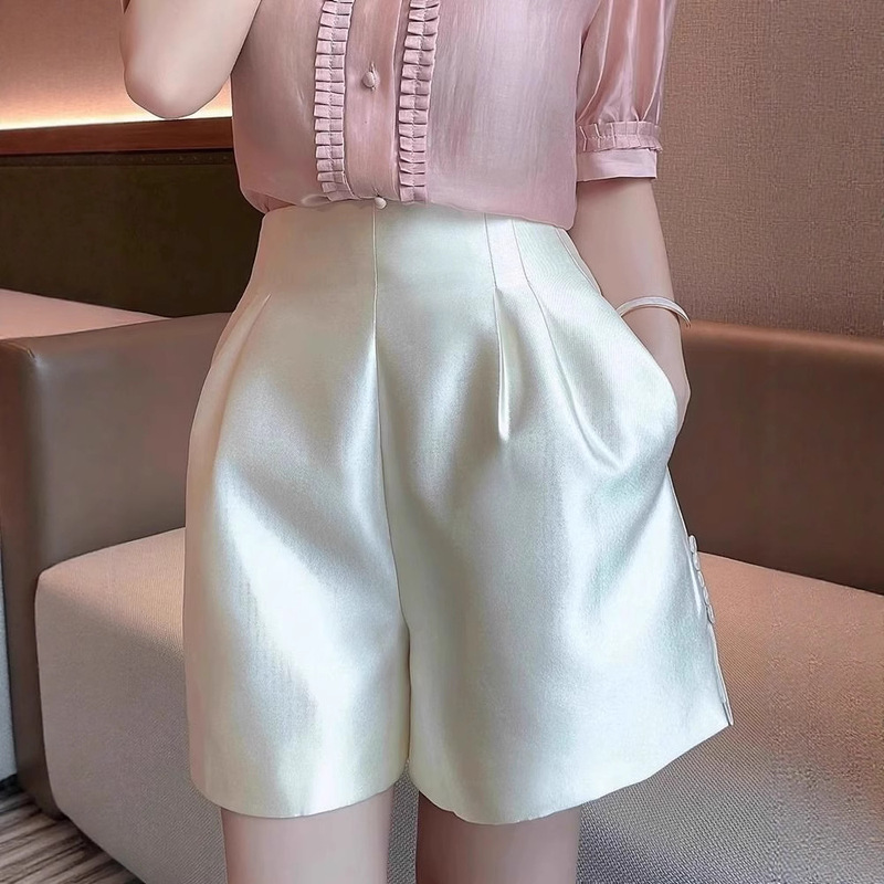 女性のためのハイエンドサテンショーツ夏の新しいファッション多用途痩身ロングレッグハイウエストワイドレッグパンツカジュアルショーツ|undefined