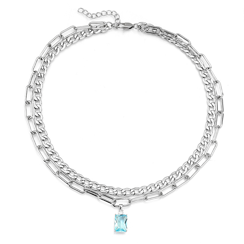 Original New Stainless Necklace, European And American Hip-hop Jewelry, Double-layer With Blue Zircon, Titanium Steel_voghion.com