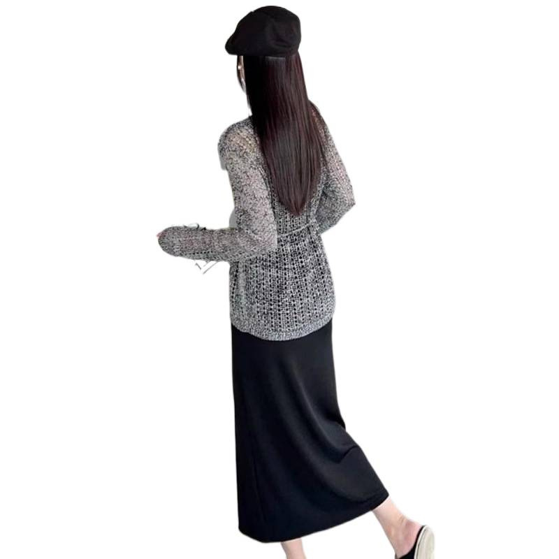 长袖时尚套装裙女年春秋季新款慵懒风镂空针织衫吊带裙两件套|undefined