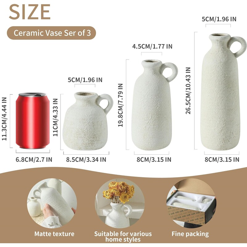 Ceramic Vase 3-Piece Set with Handle Neutral Rustic Flower Vase Home Decor Farmhouse Pottery