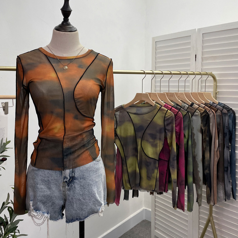 Real shot sunset blooming stretch mesh slim bottoming shirt stacked inner long sleeve top line pressing T-shirt 8980 Real shot sunset blooming stretch mesh slim bottoming shirt stacked inner long sleeve top line pressing T-shirt 8980