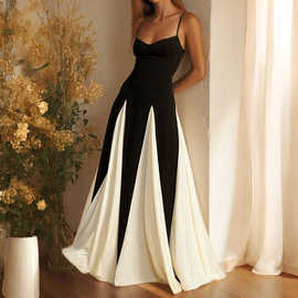 2025春季速卖通欧美女装时尚气质吊带撞色宽松大摆度假收腰连衣裙