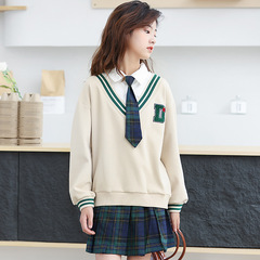 女の子スーツ2022秋服の中の子供の英倫学院風の偽の2つのパーカーのストライプのスカートの2つのセット