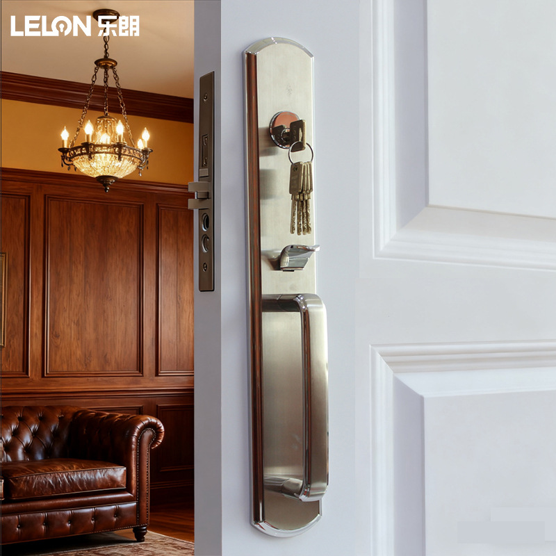 Cerradura de Puerta de Lujo Estilo Americano Le Lang, Manija de Puerta de Acero Inoxidable con Botón, Cerradura Antirrobo para Puerta Doble de Villa