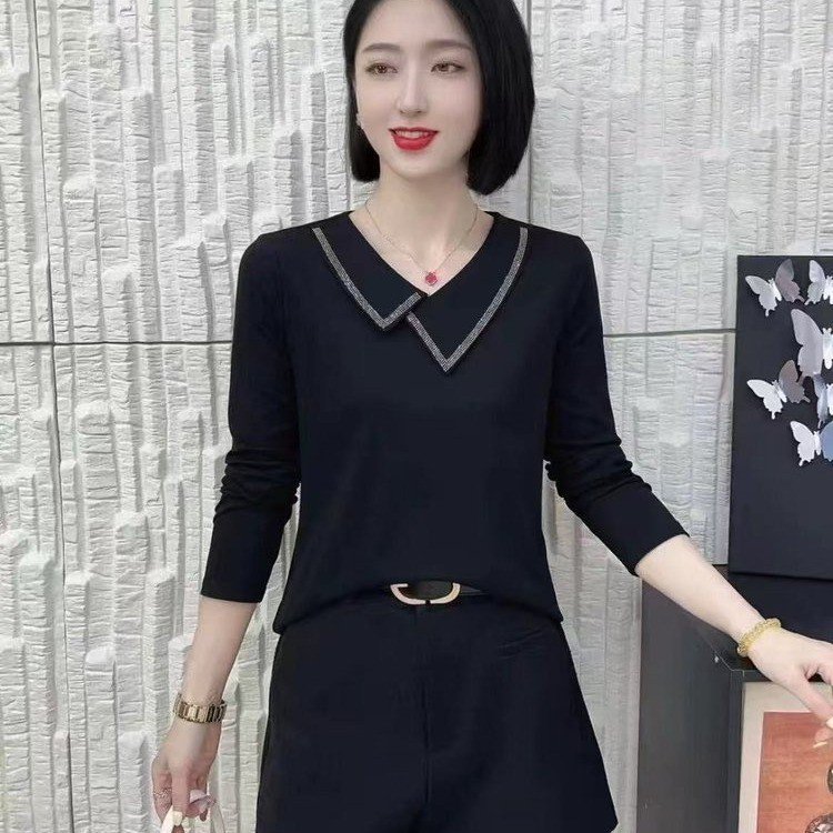 一件代发2025秋季新款时尚洋气通勤百搭气质减龄烫钻长袖T恤上衣|undefined