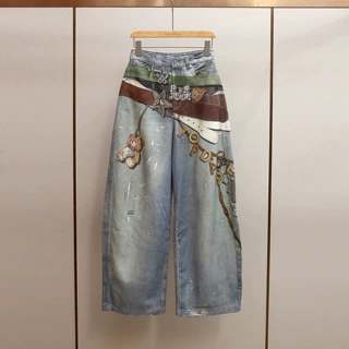 深圳南油高端女装夏季新款时尚创意卡通小熊数码印花阔腿牛仔裤女