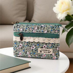 Fresh Pastoral Style Floral Double Pull 4-Layer Cotton Coin Purse Girl's Coin Bag Silver Bag Certificate Bag Card Bag
